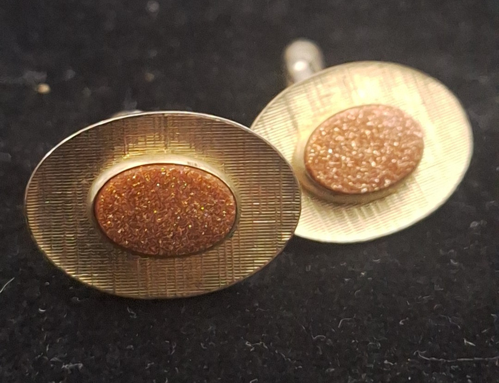Vintage Gold Tone Cufflinks Copper Sparkle Stone Oval Mid Century Modern
